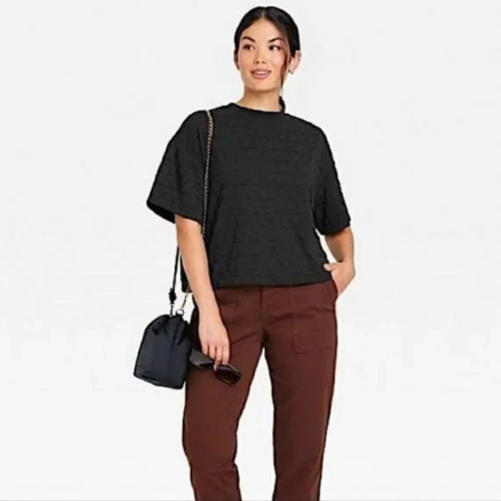 A New Day Black Relaxed Fit Quilted Boxy Short Sleeve Top (Size: XS)